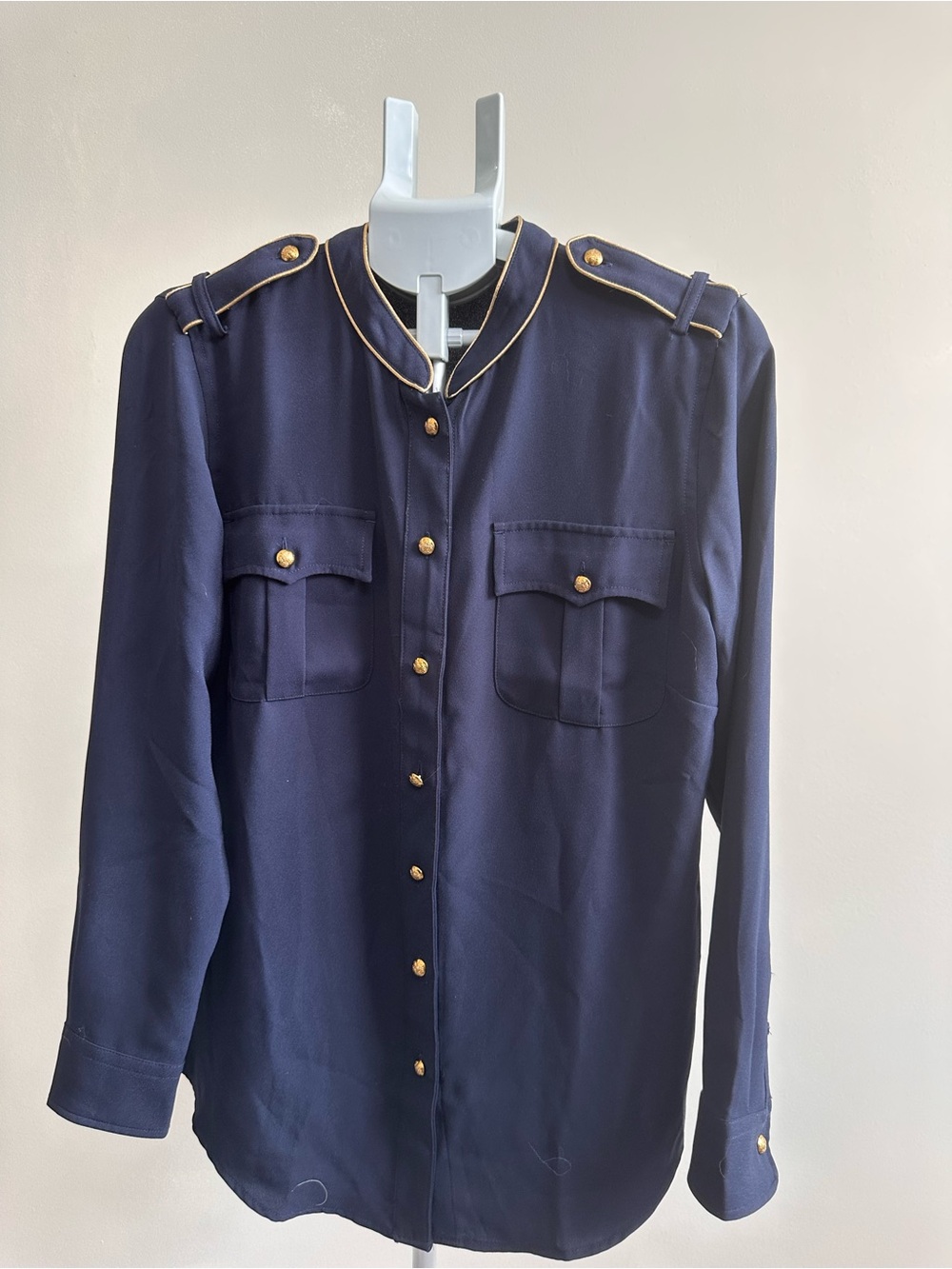 Ralph Lauren Navy Military-Style Button Front Blouse with Gold Trim